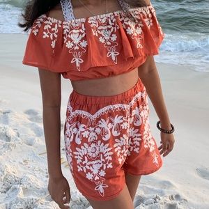 two piece set crop top and shorts with white floral embroidery